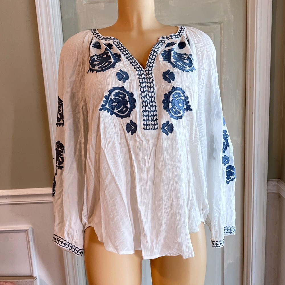 Chico's Embroidered Peasant Blouse 2 L Women White Blue Boho Crinkle Gauze Top